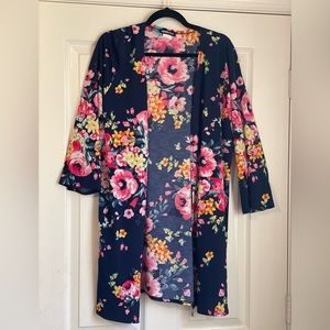 NWOT 2XL Heimish Long Navy Cardigan with Bright Pink and Yellow Florals